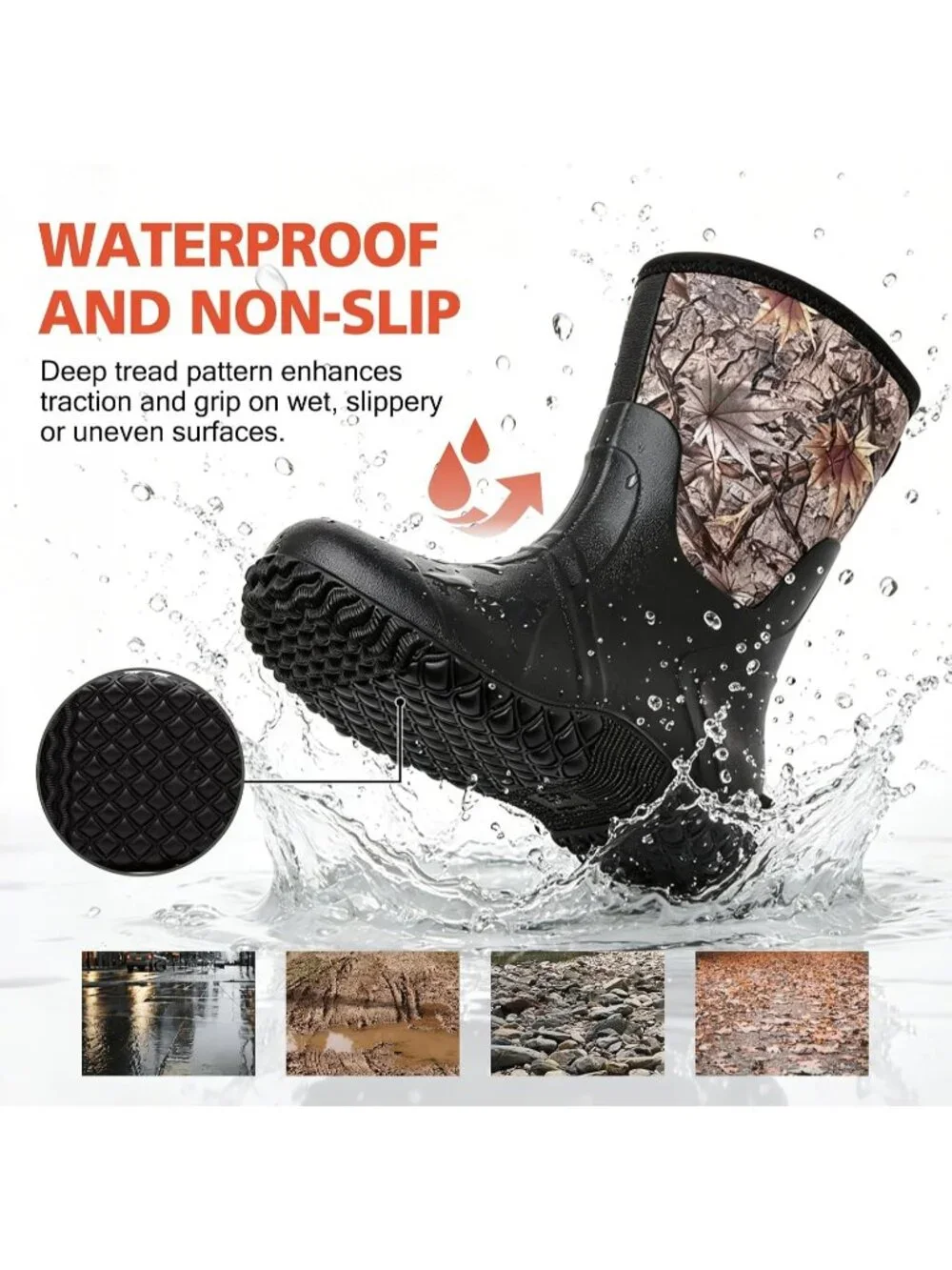 Women's Black Waterproof Breathable Mid Calf Design Garden Work Mud Rain Boots